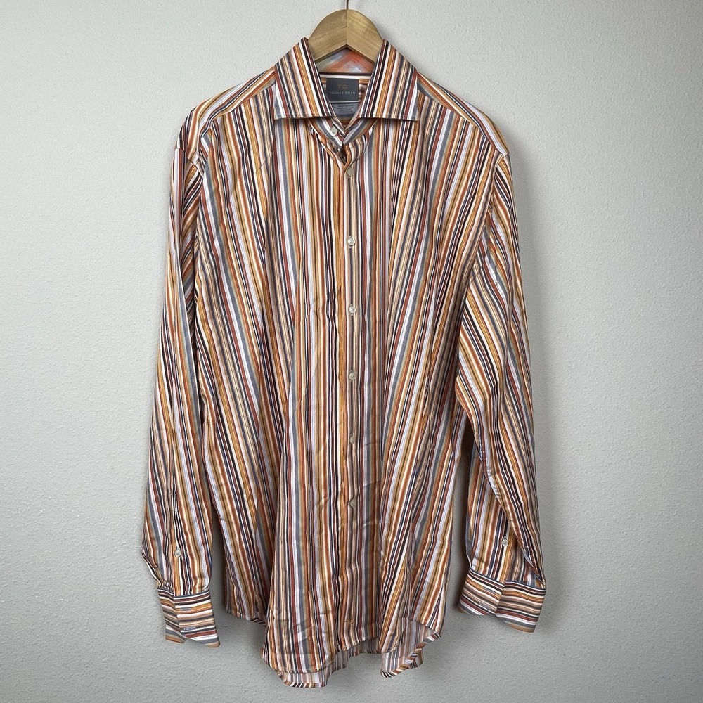 Thomas Dean XL Orange Blue Striped Long Sleeve Preppy Shirt